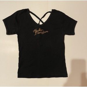 Vtg Harley Davidson Womens Medium Embroidered Black T-Shirt Cutout Back USA Made